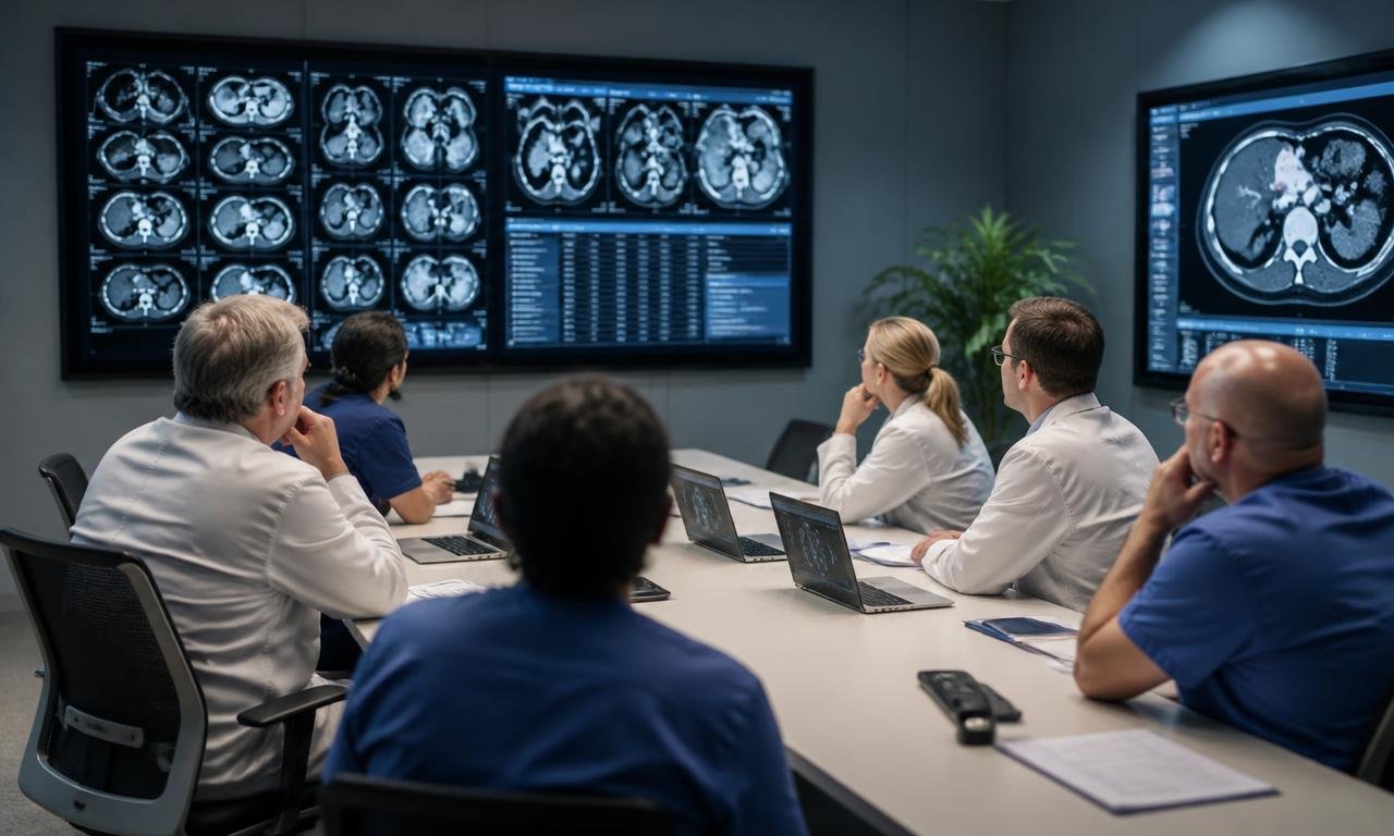 Multi-disciplinary tumour board reviewing cancer scans to plan surgical treatment